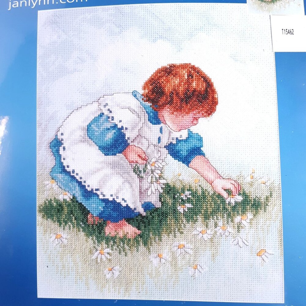 Janlynn Collecting Daisies Counted Cross Stitch Kit 9x11 New Child Girl Blues